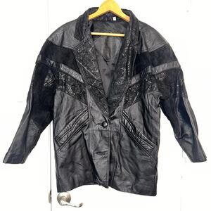 Preston & York Leather Coat Size S Black Genuine Leather Vintage MISSING BUTTON